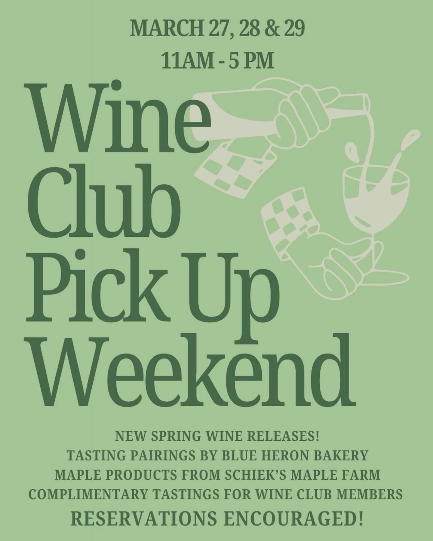 Spring Wine Club Pick Up Weekend at Scout! ☘️ 

Join us for a wine tasting perfectly paired with bites from @blueheronpennyan - Our new spring wine releases are ready to share including two new sparking wines, a refreshing Seyval Blanc, and the retur