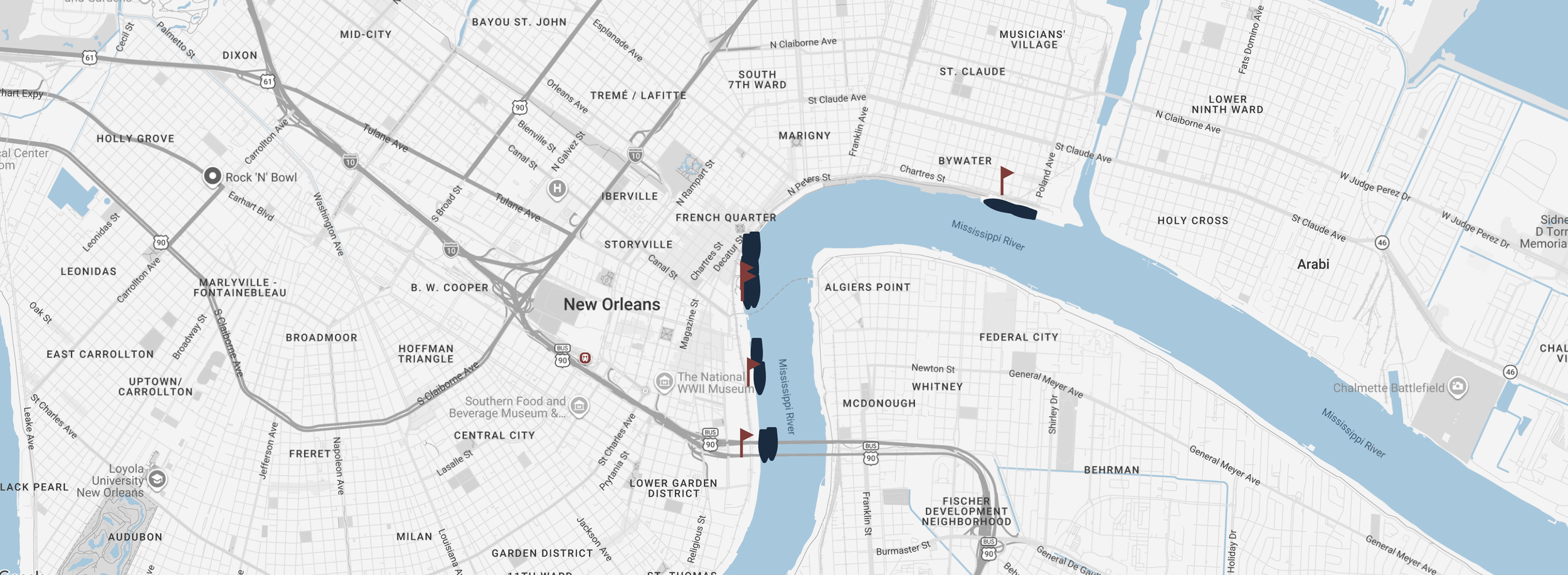 Where to Watch Sail 250 Map of ship locations on Mississippi River in New Orleans for Sail 250