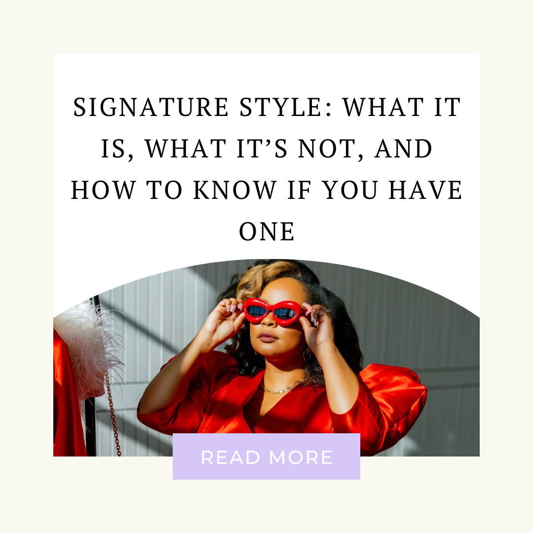 Image consultant and personal stylist with clothing rack and posing shows women what signature style is all about.