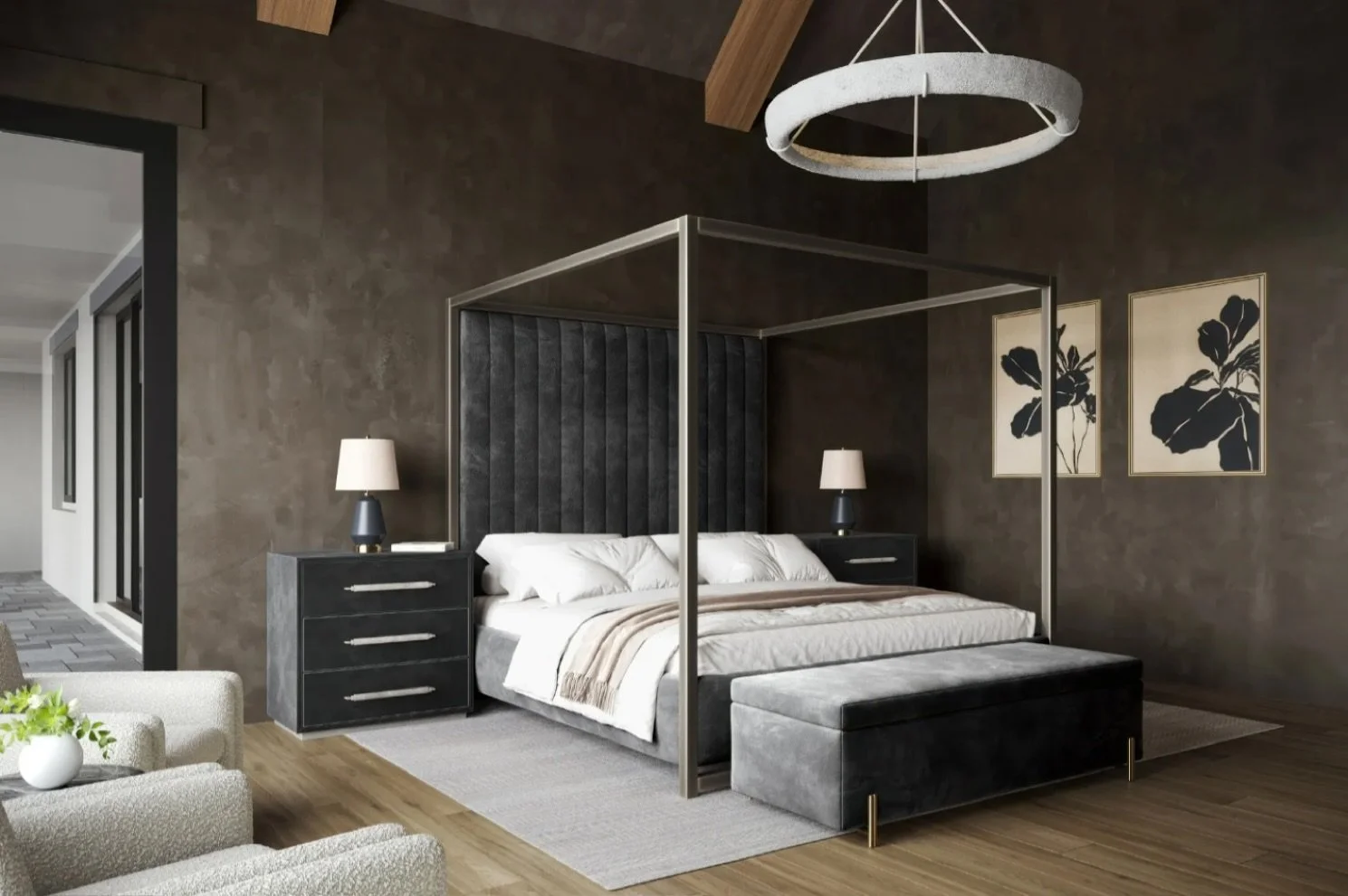 our #blackberry project is nearing the interior finishing phase, and i literally cannot wait to show y&rsquo;all this render of the moody warm charcoal limewash we chose to color-drench the primary bedroom with. can&rsquo;t wait to see it all come to