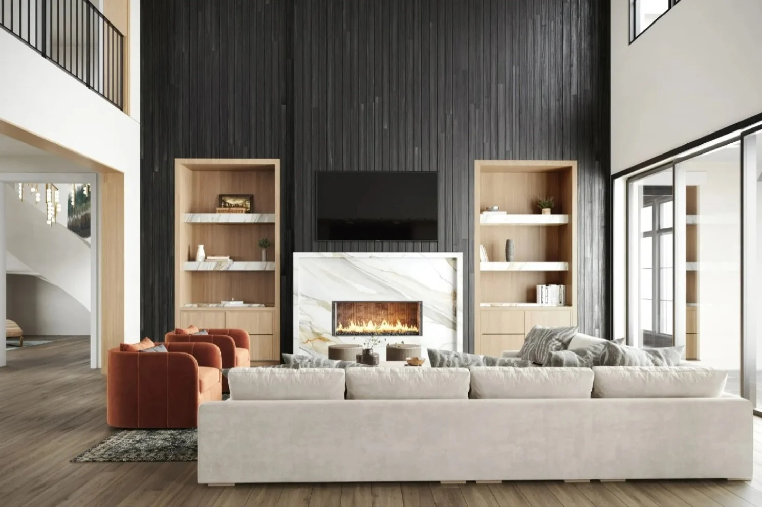 my client wanted bold, and that&rsquo;s exactly what they&rsquo;re gonna get 😎 ebony-stained walls, custom built-ins, and a slab fireplace surround make this double-height living room at project #blackberry a total showstopper 🖤&nbsp;we will have u