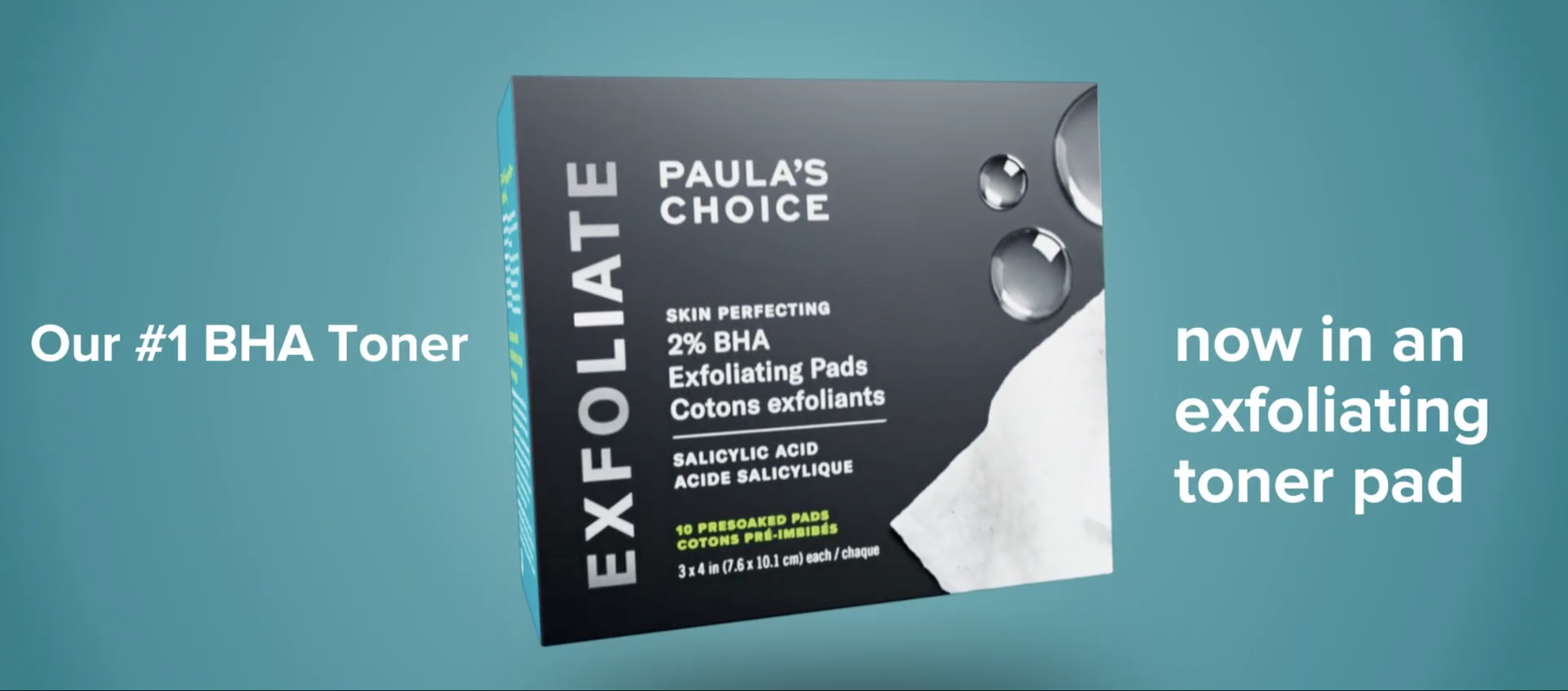 A box of Paula's Choice Skin Perfecting 2% BHA Exfoliating Pads with text highlighting its features, including salicylic acid and pre-moistened pads, with the background in teal.