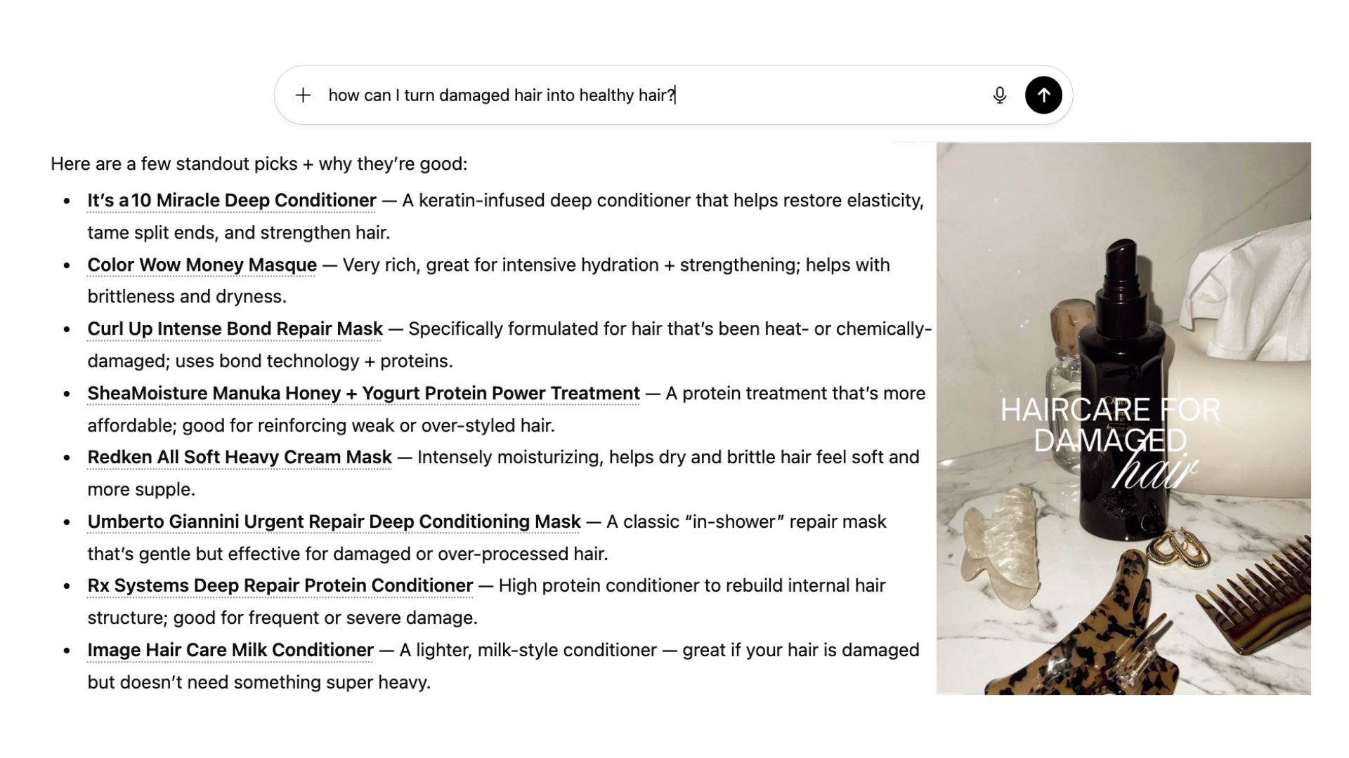 A webpage showing hair care tips for damaged hair, including product descriptions and an image of hair care bottles, a brush, and a hair clip on a marble surface.