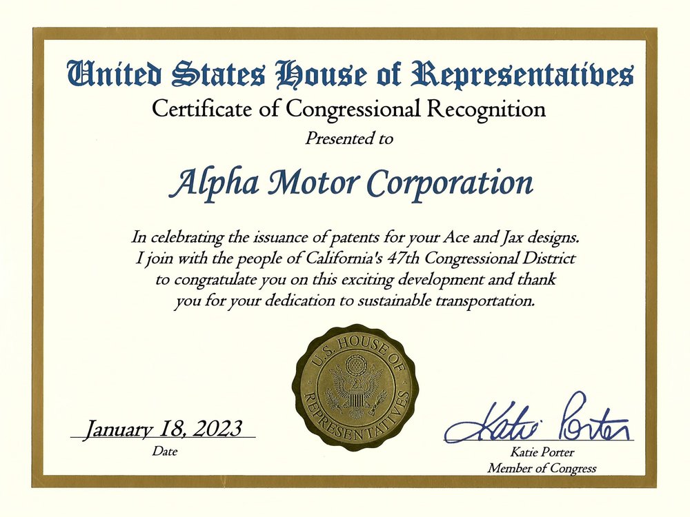 Alpha Motor Corporation — ALPHA MOTOR CORPORATION RECEIVES UNITED STATES HOUSE OF