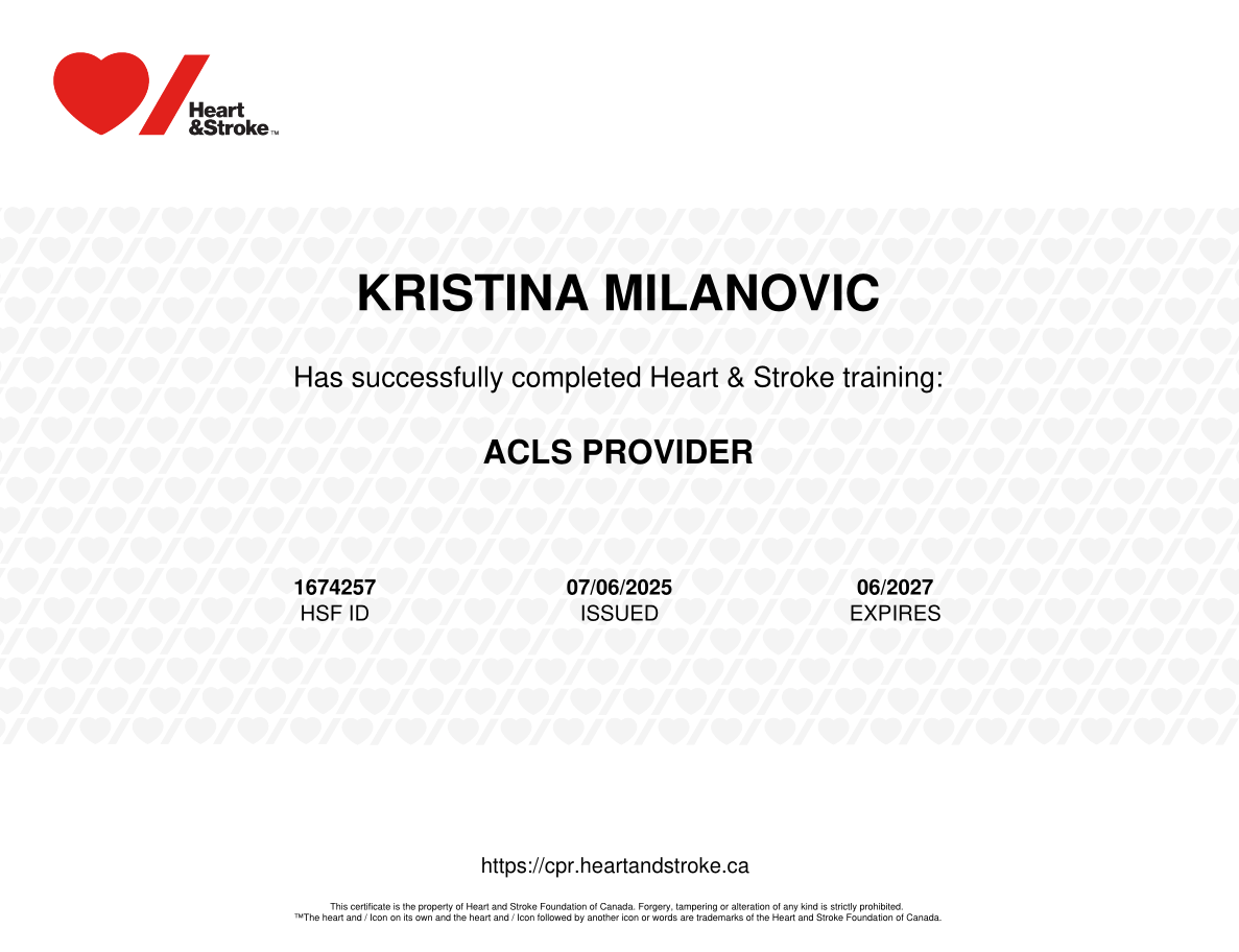 Heart and Stroke certification awarded to Kristina Milanovic for completing Heart & Stroke training, with expiration date 07/2027.