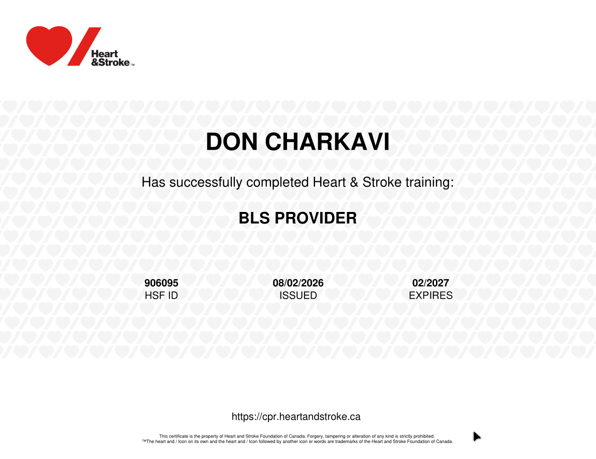 Dr Don Charkavi - Heart & Stroke - BLS Provider issued 08/02/2026