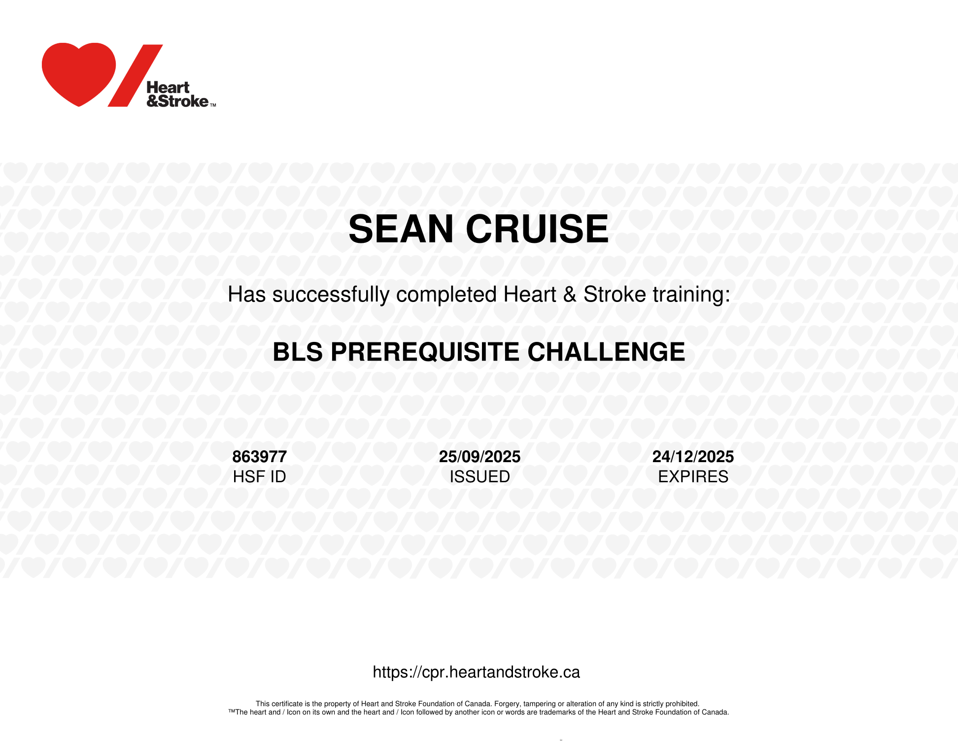 Dr Sean Cruise - Heart & Stroke - BLS Provider issued 25/09/2025