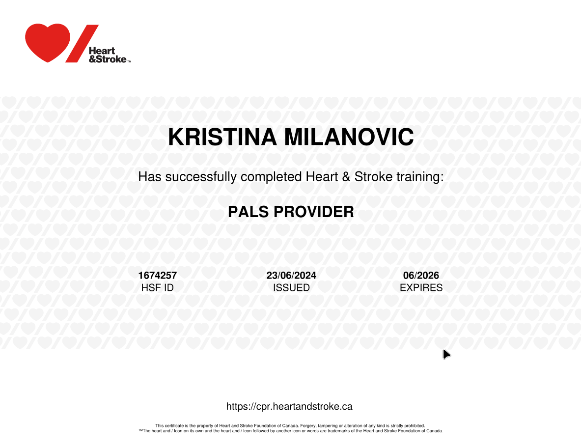 Heart and Stroke Foundation Heart & Stroke training completion certificate for Kristina Milanovic, expires in 02/2028