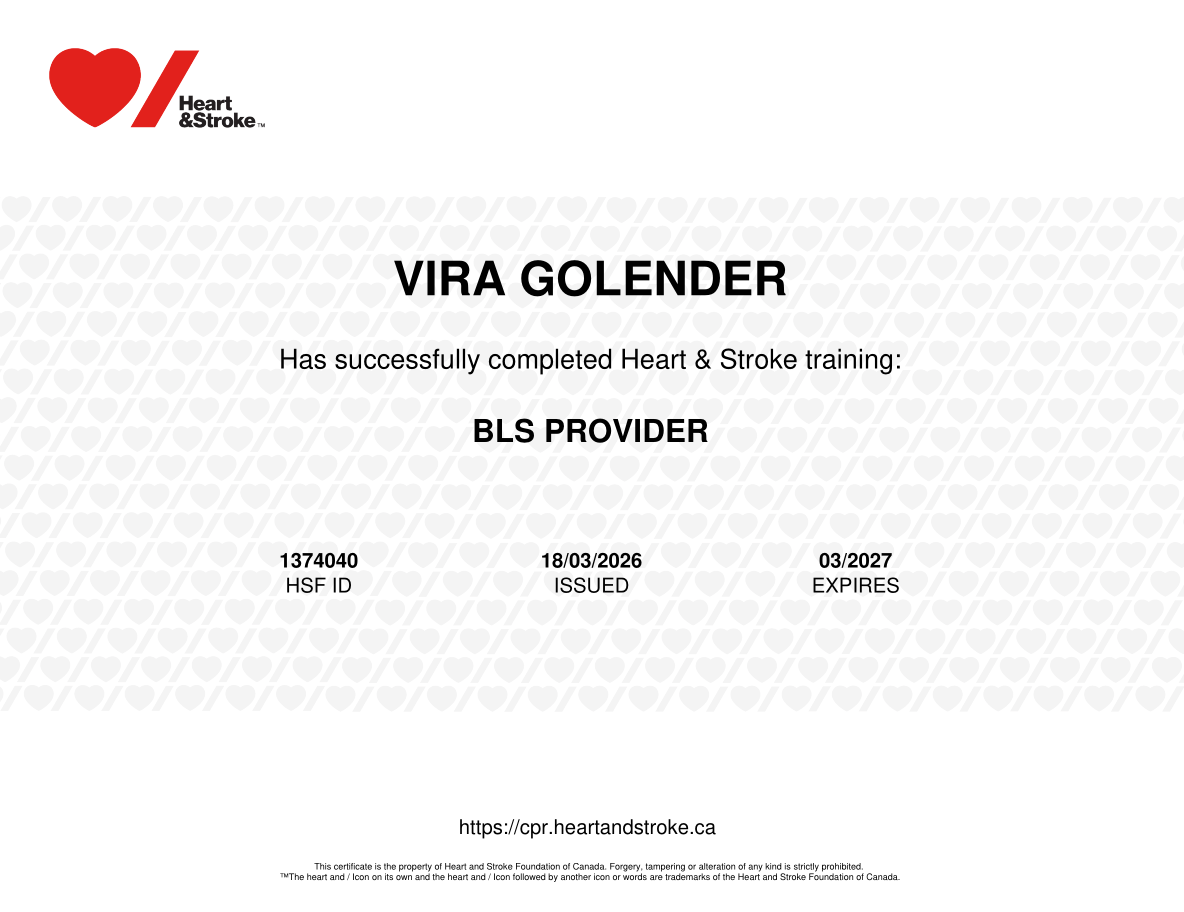 Certificate of completion from Heart & Stroke with name Vira Golender, expires 03/2027, and BLS provider certification details.