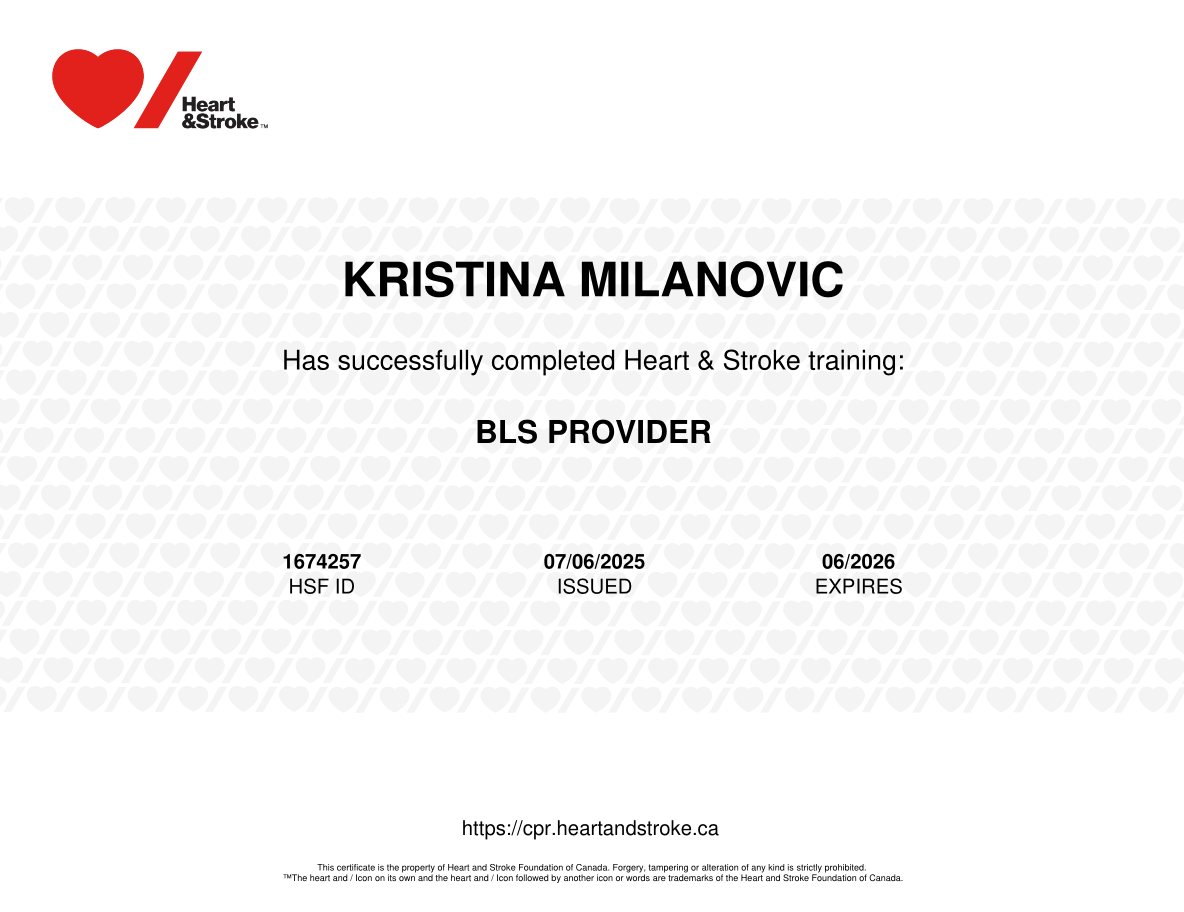 Certificate of completion from Heart & Stroke with name Kristina Milanovic, expires 06/2026, and BLS provider certification details.