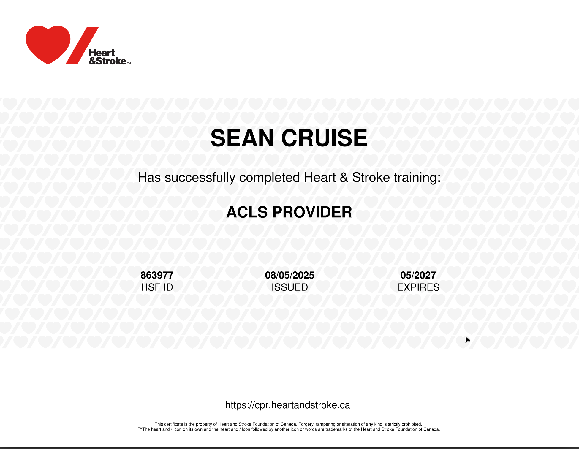 Dr Sean Cruise - Heart & Stroke - ACLS Provider Expiry May 2027