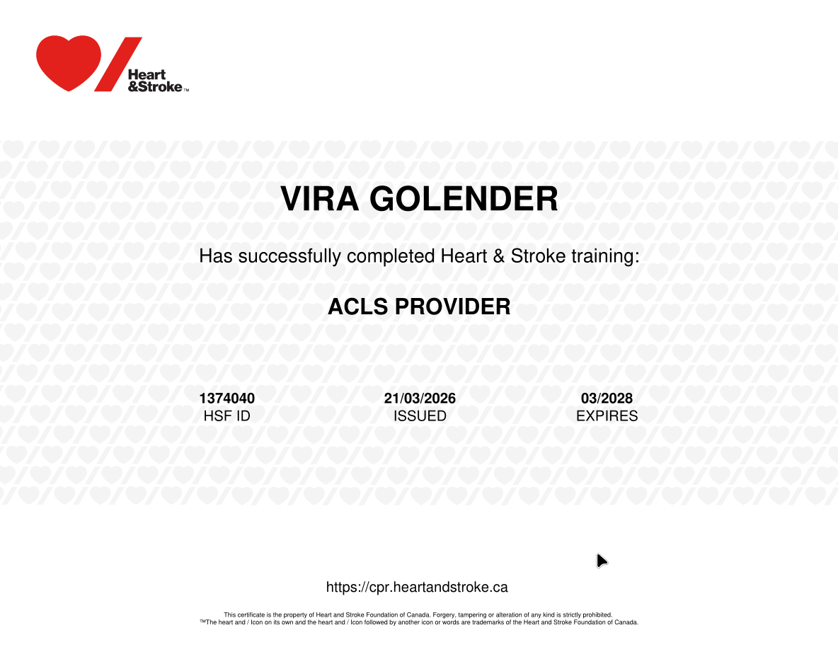 Heart and Stroke certification awarded to Vira Golender for completing Heart & Stroke training, with expiration date 03/2028