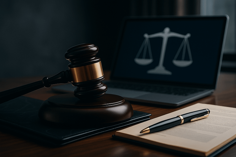 Gavel, notebook, and pen on a desk with a laptop displaying the scales of justice, representing legal action and case strategy.
