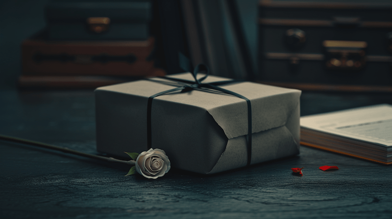 Sealed legal filing package tied with dark ribbon and white rose on wooden desk