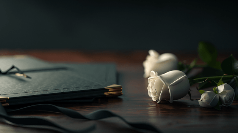 White rose with fountain pen and legal documents on dark surface