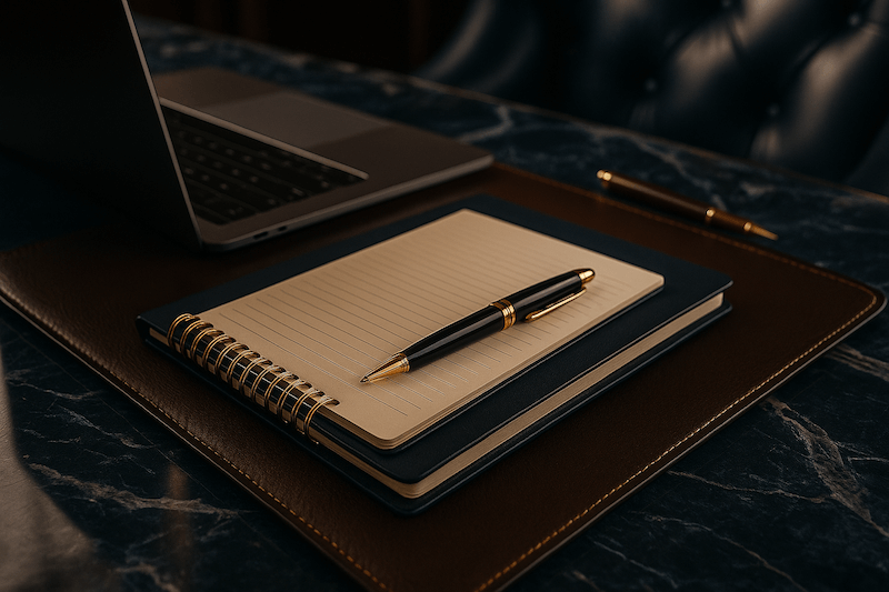 Open notepad with a pen beside a laptop on a desk, representing client intake and documentation.