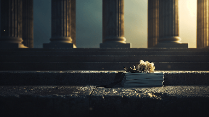 Stacked legal books with white rose and documents on dark desk