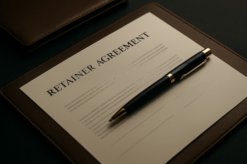 Retainer agreement on a leather padfolio with a pen resting on top, representing the engagement process.