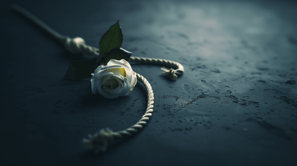 A white rose resting next to a frayed, severed rope on a dark surface, symbolizing the broken trust and severed legal ties of withdrawing an I-130 petition.