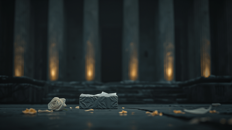 White documents on stone courthouse steps between classical columns with candlelight and scattered rose petals — establishing certified proof of delivery