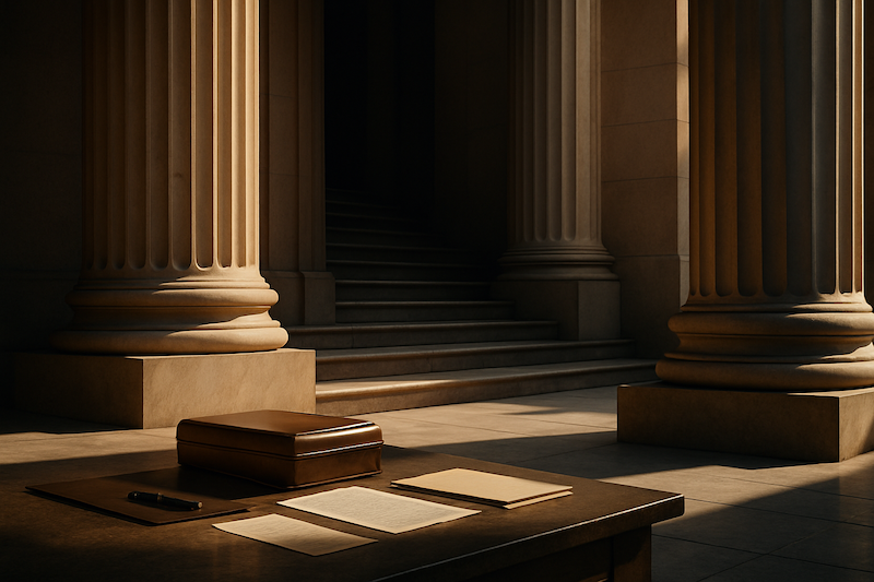 Legal documents and a pen on a desk outside courthouse columns, representing the appeals process.