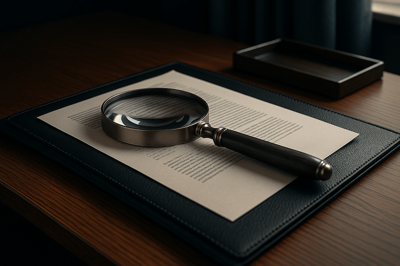 Magnifying glass resting on a document atop a desk, representing investigation and evidence analysis.