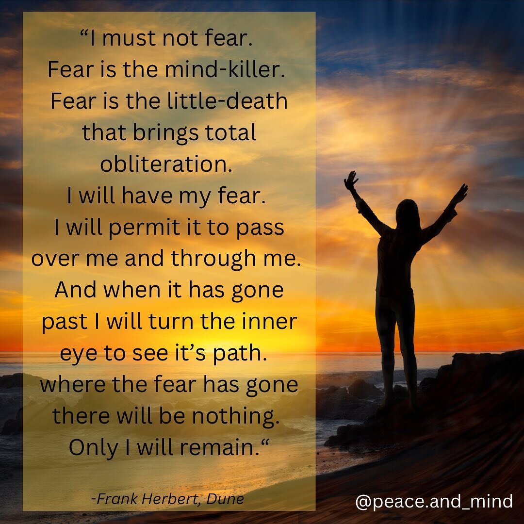 &ldquo;I must not fear. Fear is the mind-killer. Fear is the little-death that brings total obliteration. I will have my fear. I will permit it to pass over me and through me. And when it has gone past I will turn the inner eye to see it&rsquo;s path
