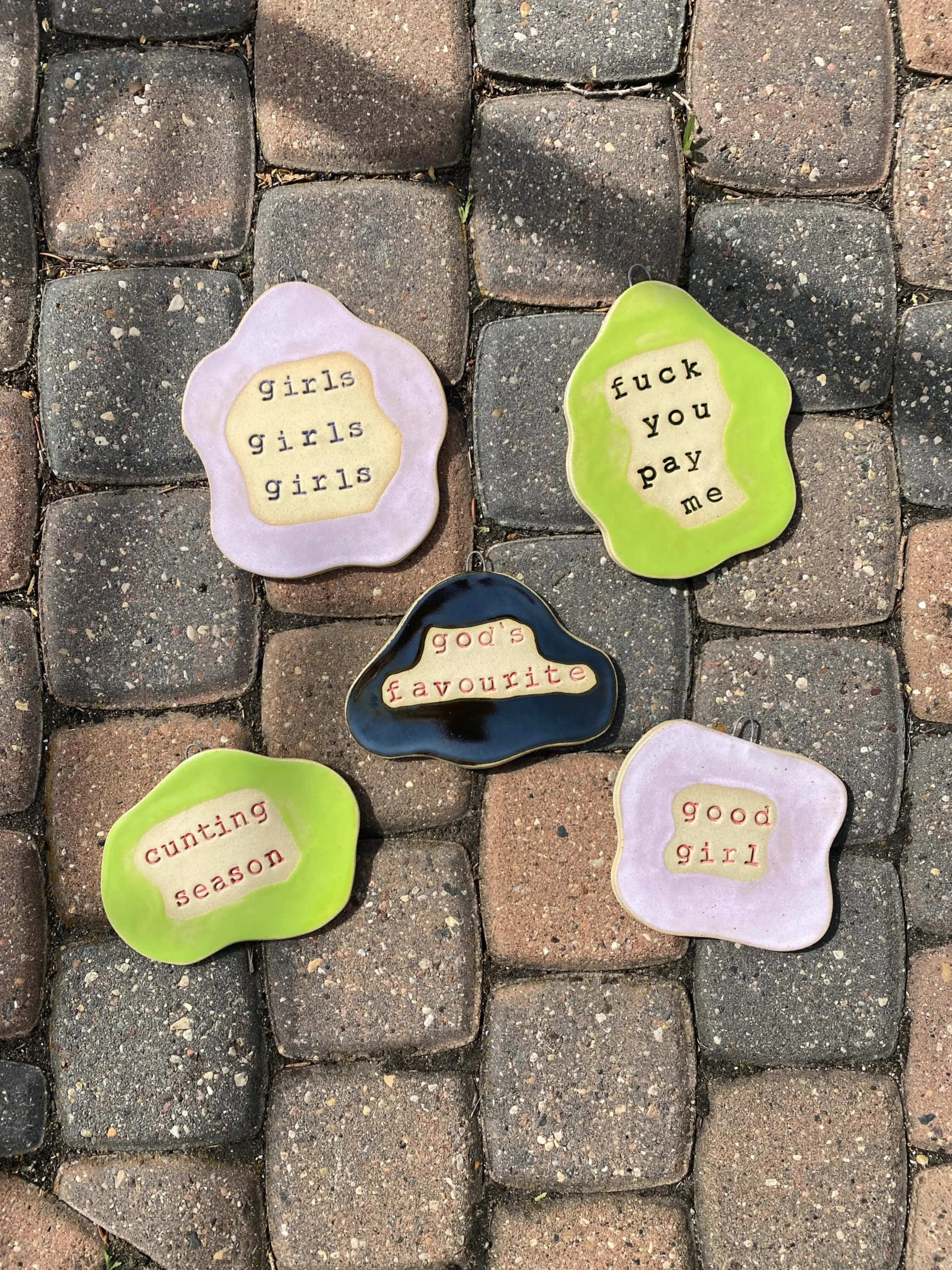 Wall plaques, $50 each 

Send me a message to claim yours 🌸

Edit: god&rsquo;s fave and c*nting szn are taken