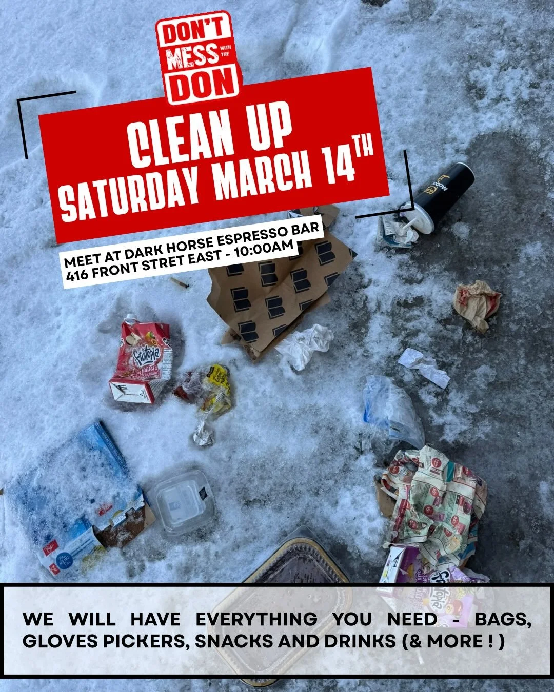 Clean up this Saturday at 10 am - Meet at Dark Horse Espresso Bar - 416 Front Street East.

We will be heading in two directions. Part of the group will head over to Corktown Common and the other part will head into the Portlands.

We all know that e