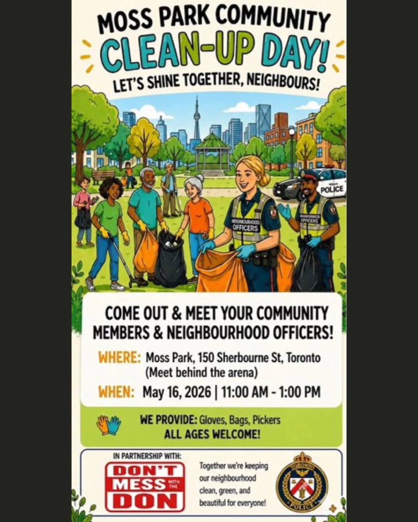 DMWTD is partnering with our great friends at 51 Division (@tps51div) this Saturday, May 16th, at 11 am for a clean up of Moss Park and the surrounding neighbourhood.

We will have everything you need - gloves, bags, pickers and snacks.

Cheers
DMWTD