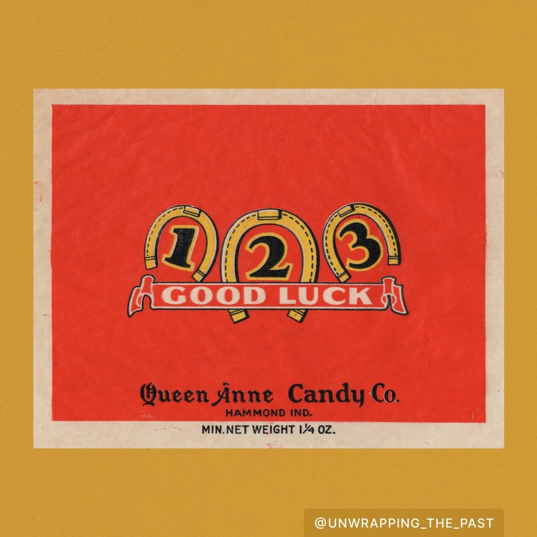 1 2 3 GOOD LUCK 🍀
.
.
.
#1930s #1930sdesign #1930scandy #design #designhistory #advertisinghistory #candy #wrappers #candywrappers #vintage @queenannecordials