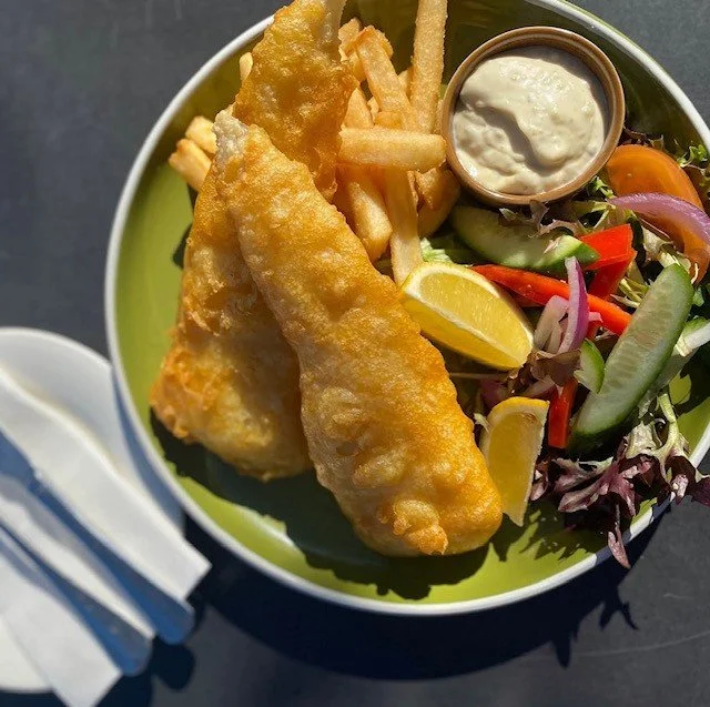 Enjoying a meal of fish & chips at The Lord Lyndoch in the Barossa Valley.