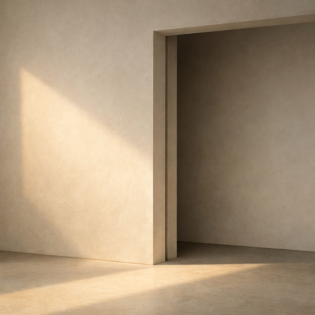 Empty room with light beige walls and floor, an open doorway leading to a dark space, sunlight casting diagonal shadows.