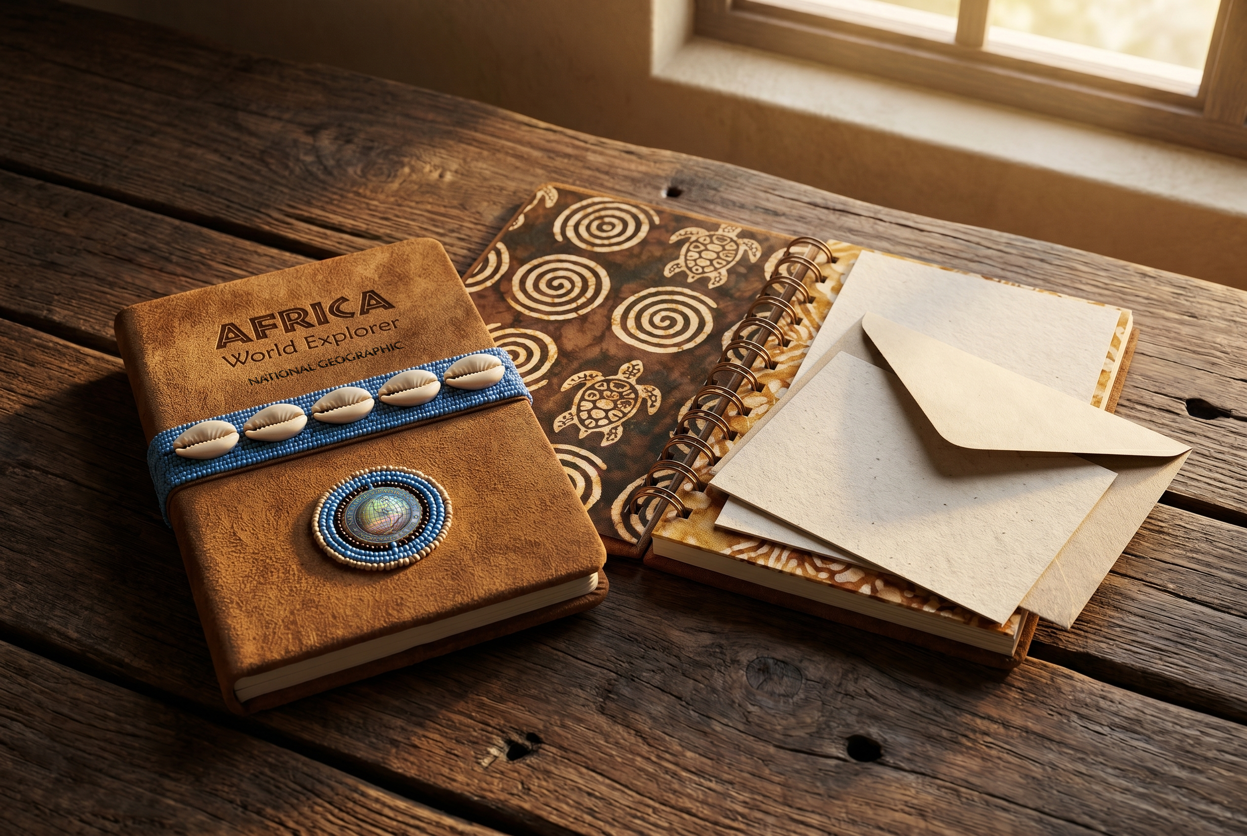A leather‑bound Africa journal integrating beadwork and cowrie shells, reflecting the material heritage of East and West African craft traditions. Featuring imagery drawn from the National Geographic photographic archive, the piece functions as a tac