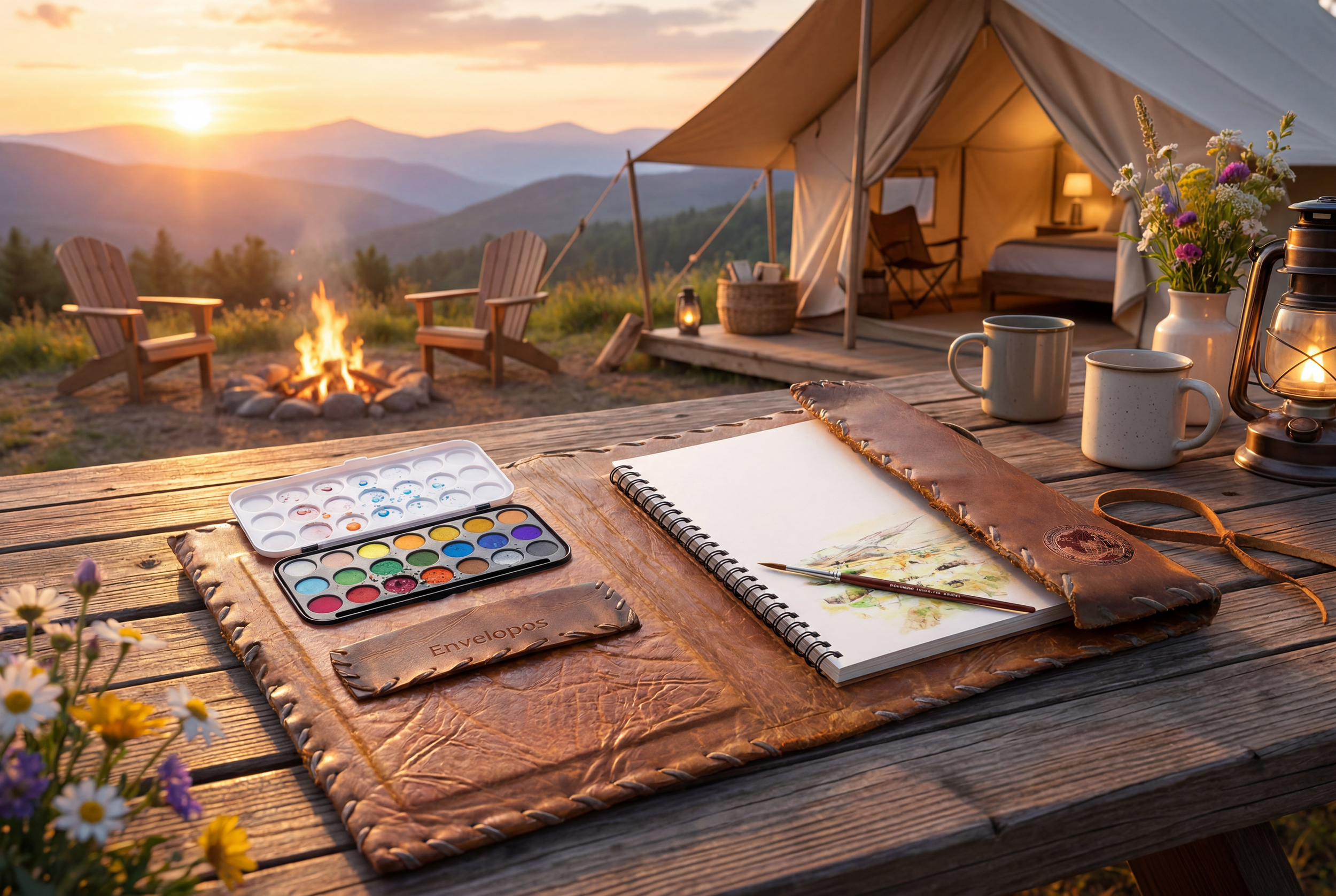 An open view of the hand‑stitched leather watercolor travel kit, shown in a glamping‑style field setting. The case reveals its full interior—watercolor paints, brush, and pad—evoking the tradition of expedition sketching and on‑site naturalist docume