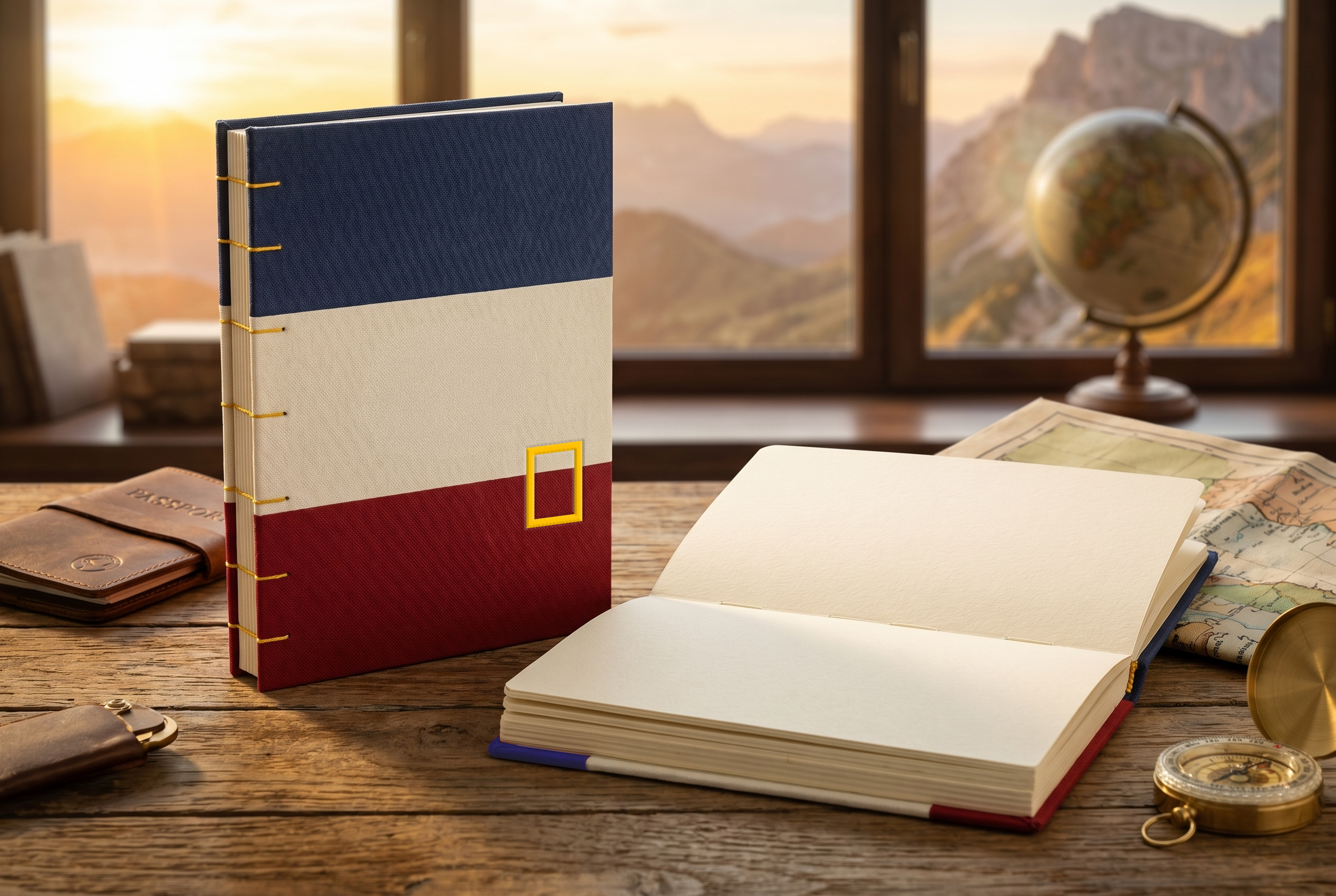 A canvas‑wrapped notebook constructed from recycled board and natural fiber papers, bound with hand‑punched string stitching. The cover features a flat‑printed French tricolor rendered in a simple, graphic style, maintaining the utilitarian character