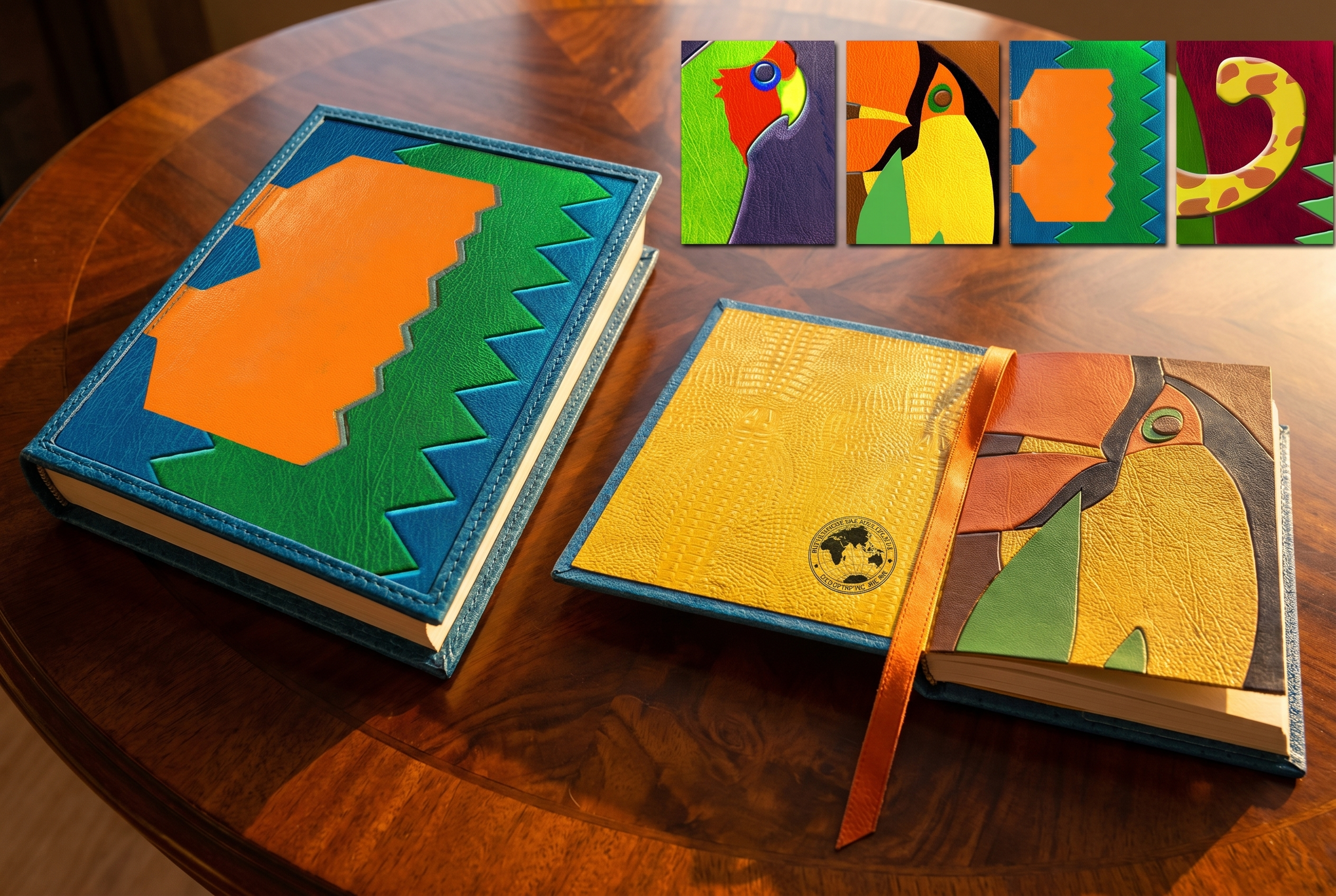 A series of hand‑crafted leather covers featuring embossed tropical fauna and abstracted jungle forms, including toucans, parrots, and regional botanical motifs. The designs reinterpret imagery drawn from the National Geographic photographic archive 