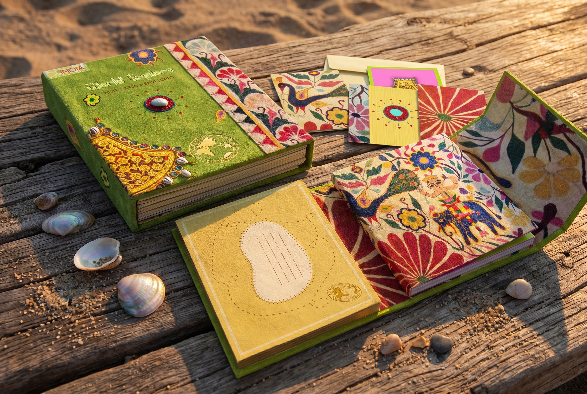 A travel‑format notebook wrapped in a cover inspired by East Indian textile traditions, featuring embroidered motifs, mirrored accents, and seashell‑based ornamentation. The interior includes a coordinated set of art note cards, each drawing from ima