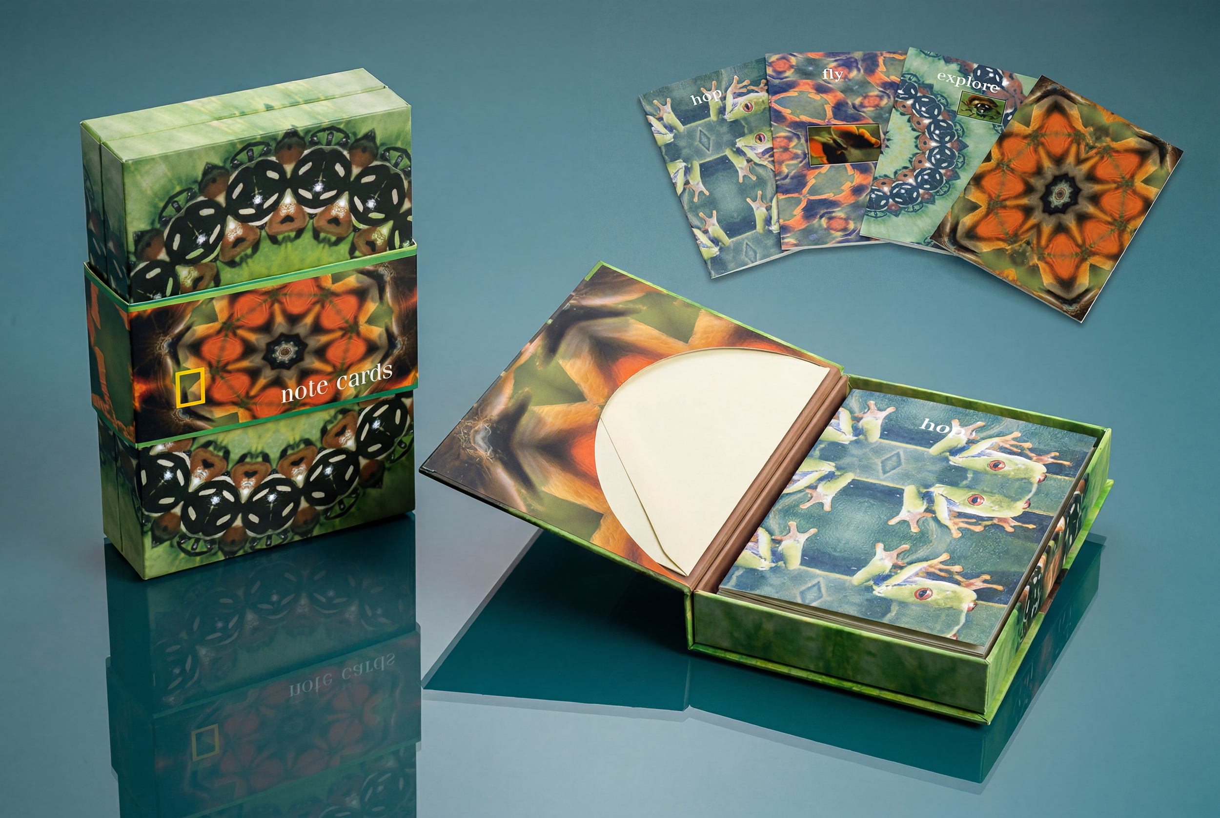 A pair of boxed note card sets featuring kaleidoscopic patterns derived from rainforest insects and amphibians, created using imagery sourced from the National Geographic photographic archive. One version opens along the spine like a bound volume, wh