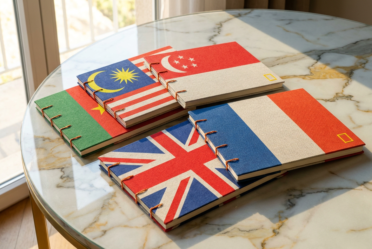A canvas‑wrapped notebook constructed from recycled board and natural fiber papers, bound with hand‑punched string stitching. The cover features flat‑printed international flags—including British, French, and other national emblems—applied in a simpl