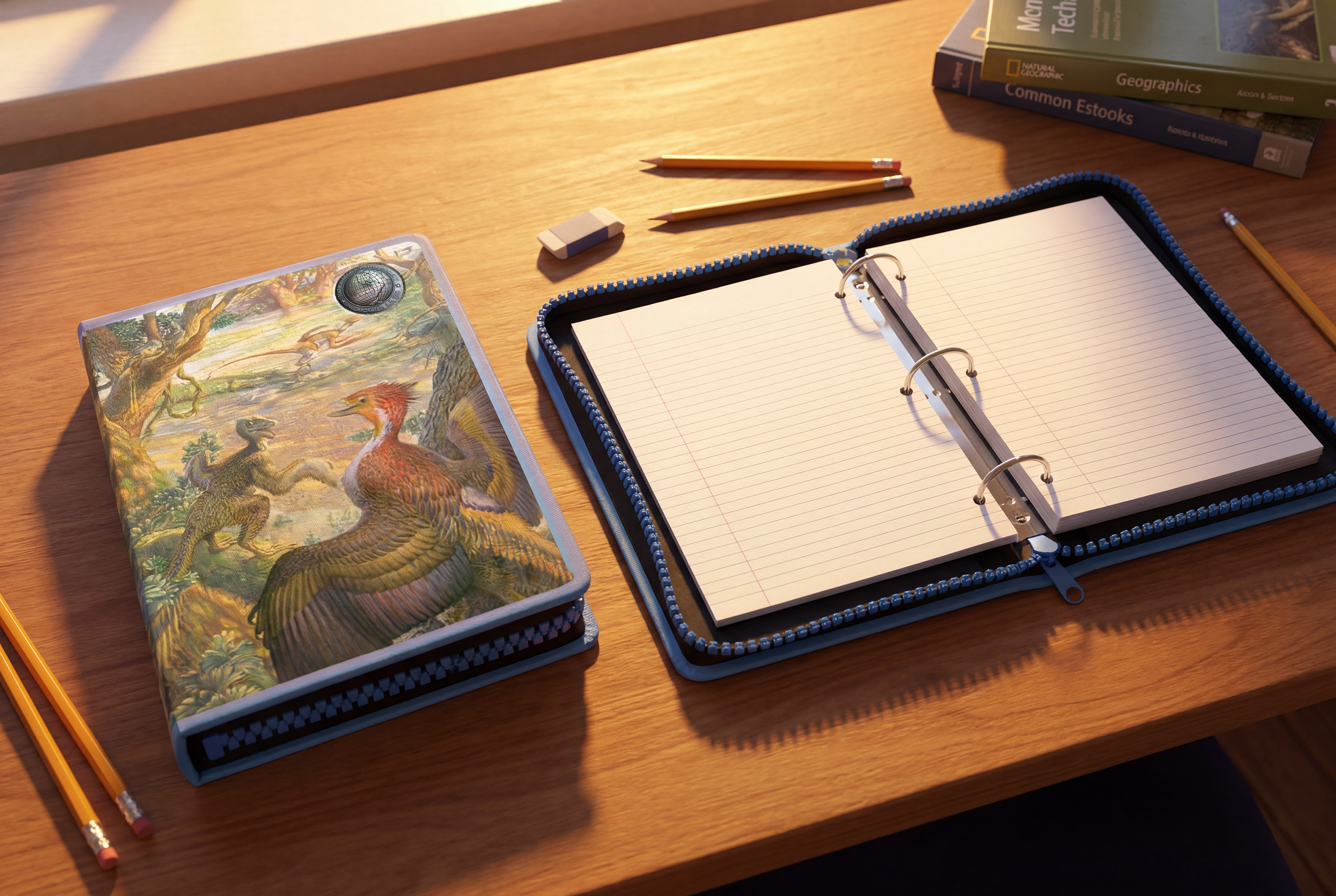 A zippered binder designed for young explorers, featuring dinosaur illustrations sourced from the National Geographic photographic and illustration archives. The cover presents a vibrant, child‑friendly composition that blends scientific reference wi