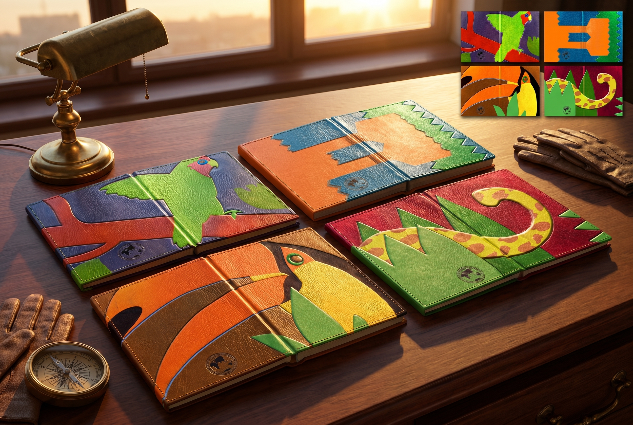 A full flat‑lay presentation of the leather‑embossed tropical series, revealing how toucans, parrots, and abstracted jungle forms wrap seamlessly across front and back covers. The artwork, derived from imagery sourced from the National Geographic pho
