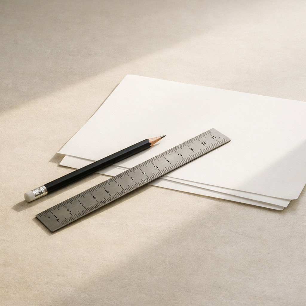 A black pencil, a metal ruler, and three sheets of white paper on a beige surface.
