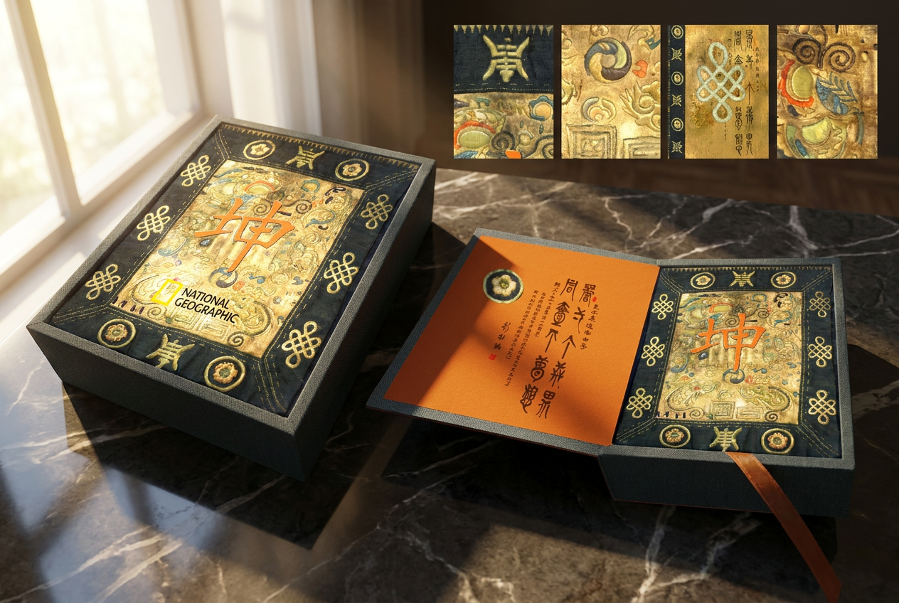 A ceremonial box inspired by traditional Chinese codex construction, featuring embossed gold panels, symbolic geometric motifs, and an interior booklet printed in vertical script. Incorporating imagery drawn from the National Geographic photographic 