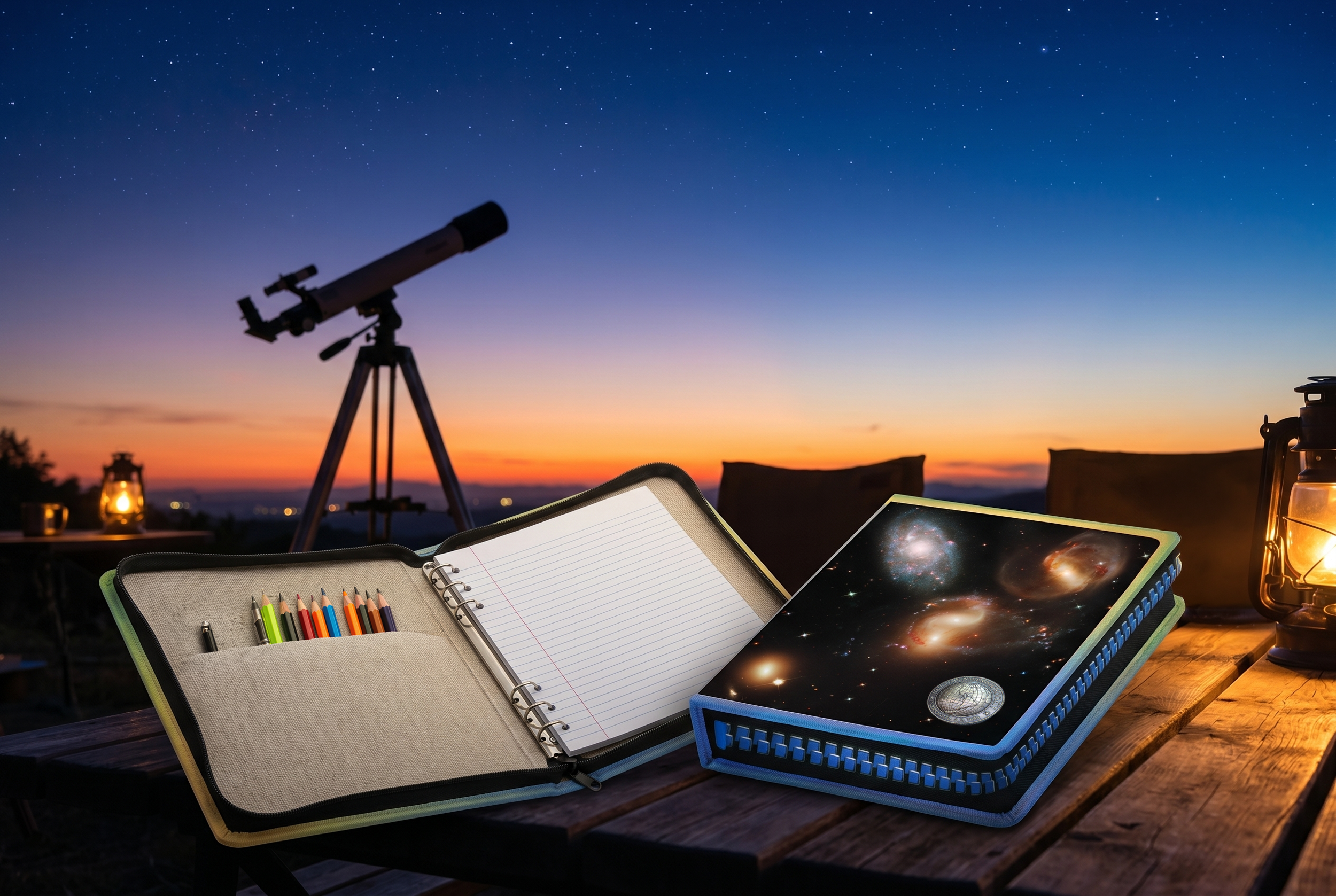 A field‑ready astronomy journal paired with observational tools, designed for night‑sky study and celestial documentation. Using cosmic imagery sourced from the National Geographic photographic archive, the notebook provides structured space for reco