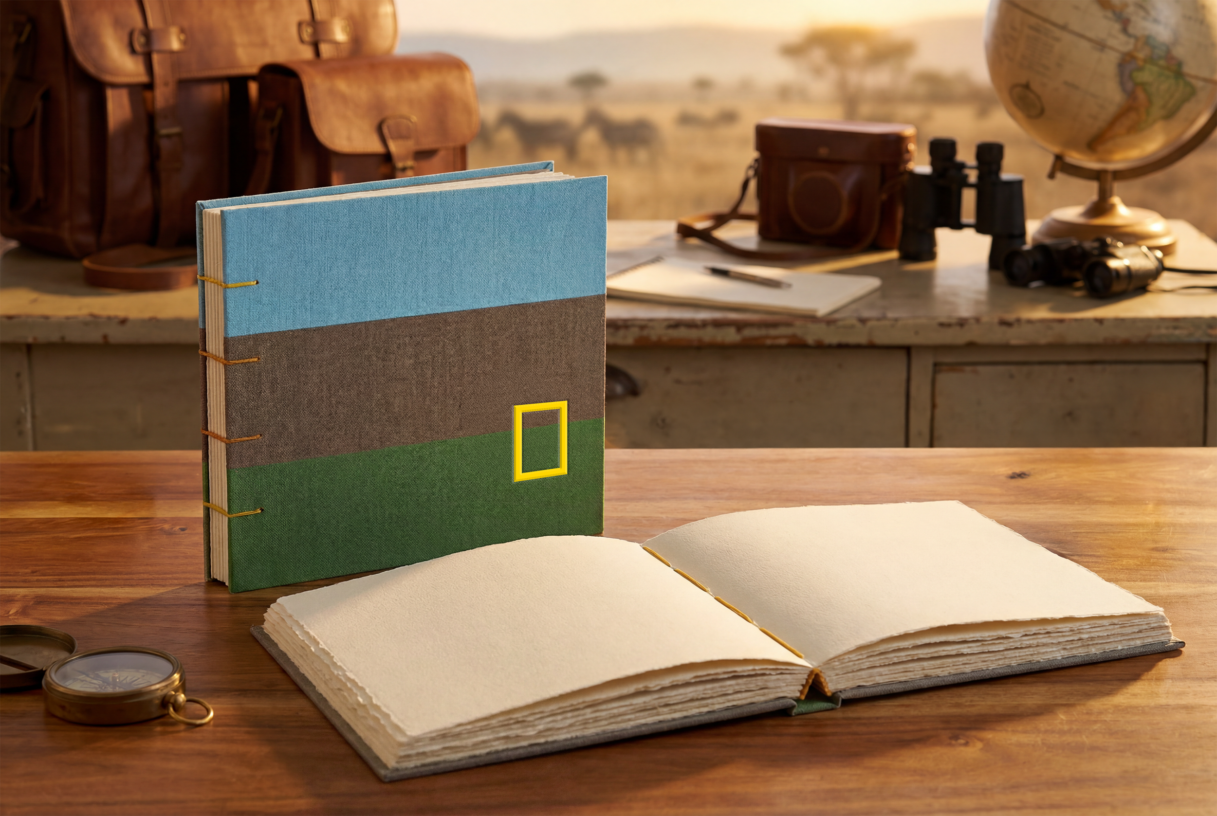 A series of canvas‑wrapped notebooks constructed from recycled board and natural fiber papers, bound with hand‑punched string stitching. The cover features a printed strip design accented by an embossed National Geographic yellow frame, referencing t
