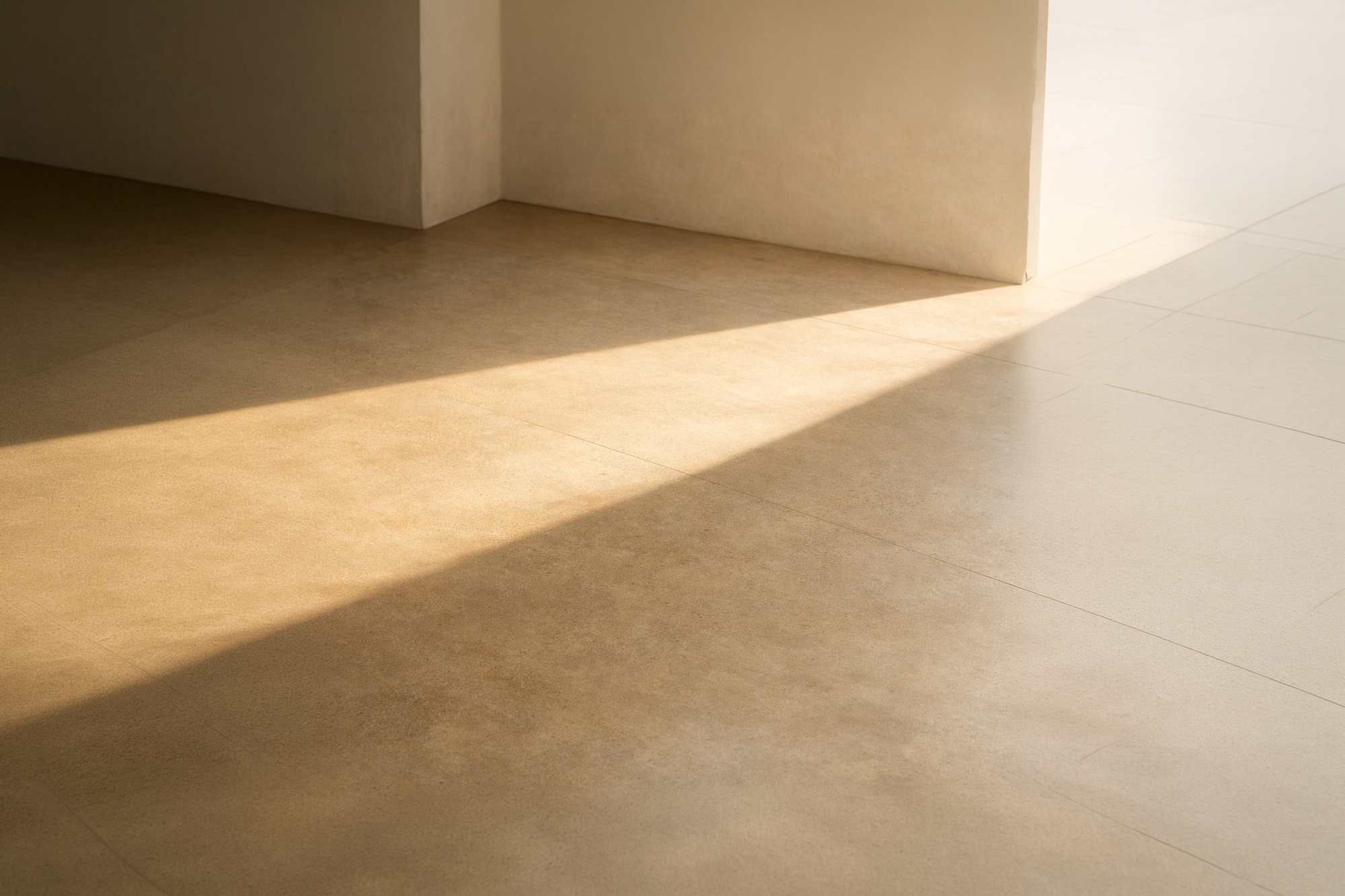 Sunlight casting a shadow on a beige tiled floor near a corner with beige walls.