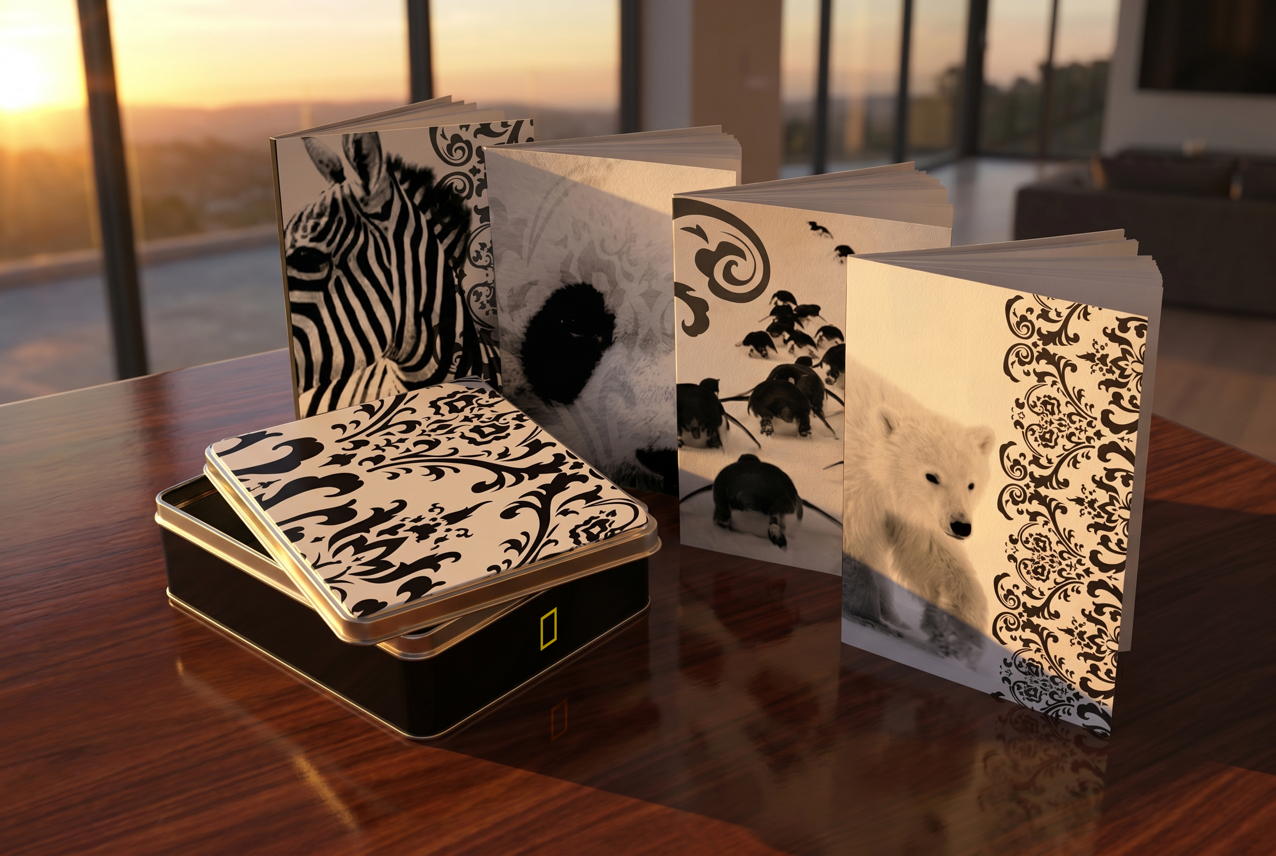 A printed tin box featuring monochrome wildlife portraits framed in ornamental patternwork, evoking early photographic archives and natural history collections. Using archival wildlife imagery sourced from the National Geographic photographic archive