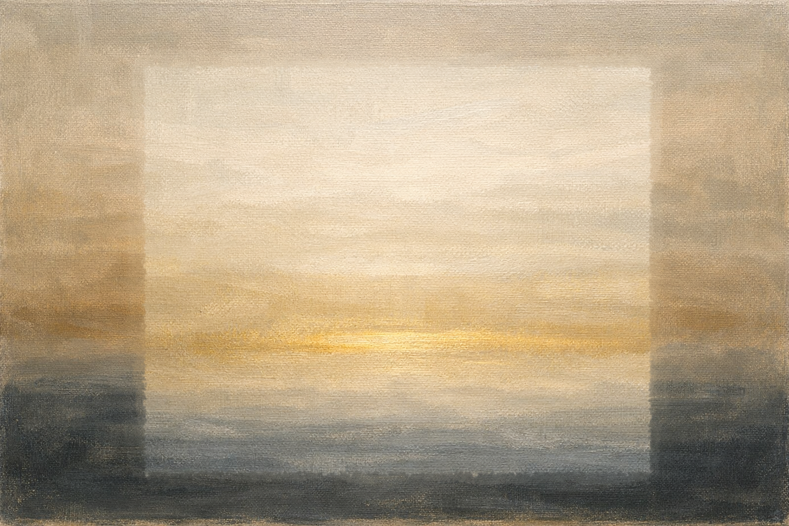 Abstract landscape painting with soft, muted colors of a sunset or sunrise over water, framed by dark vertical shapes on both sides.