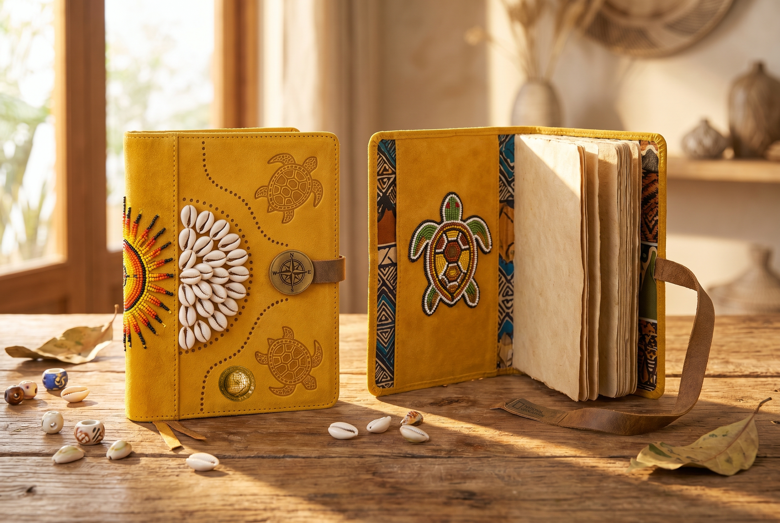 A coastal‑inspired travel book wrapped in a cover that draws from island textile traditions, incorporating embroidered patterns, mirrored accents, and seashell‑based motifs. The interior includes a coordinated set of art note cards, featuring imagery